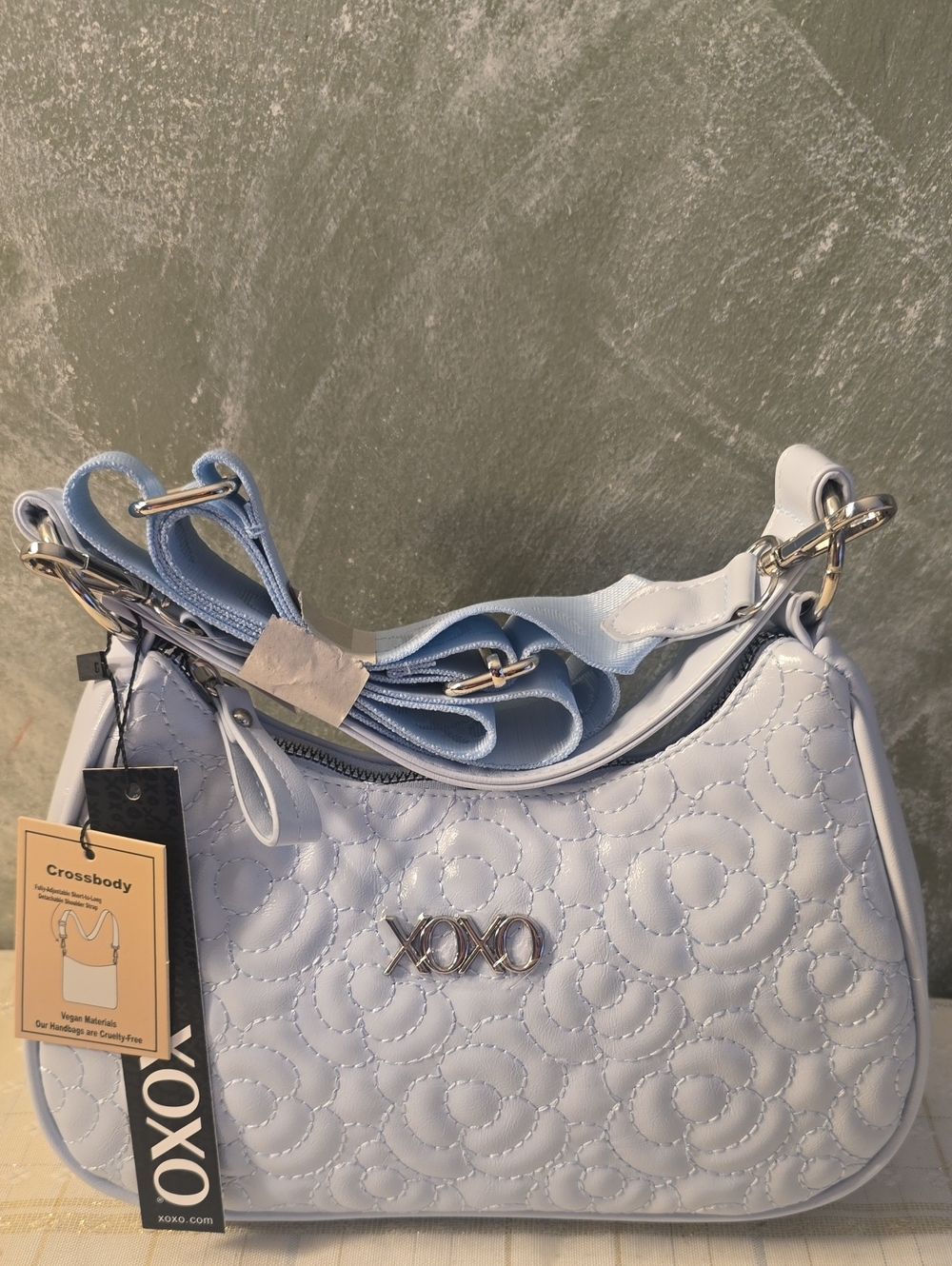 XOXO Vegan Leather Quilted Crossbody Bag in Light Blue, Wide Strap Adjust New